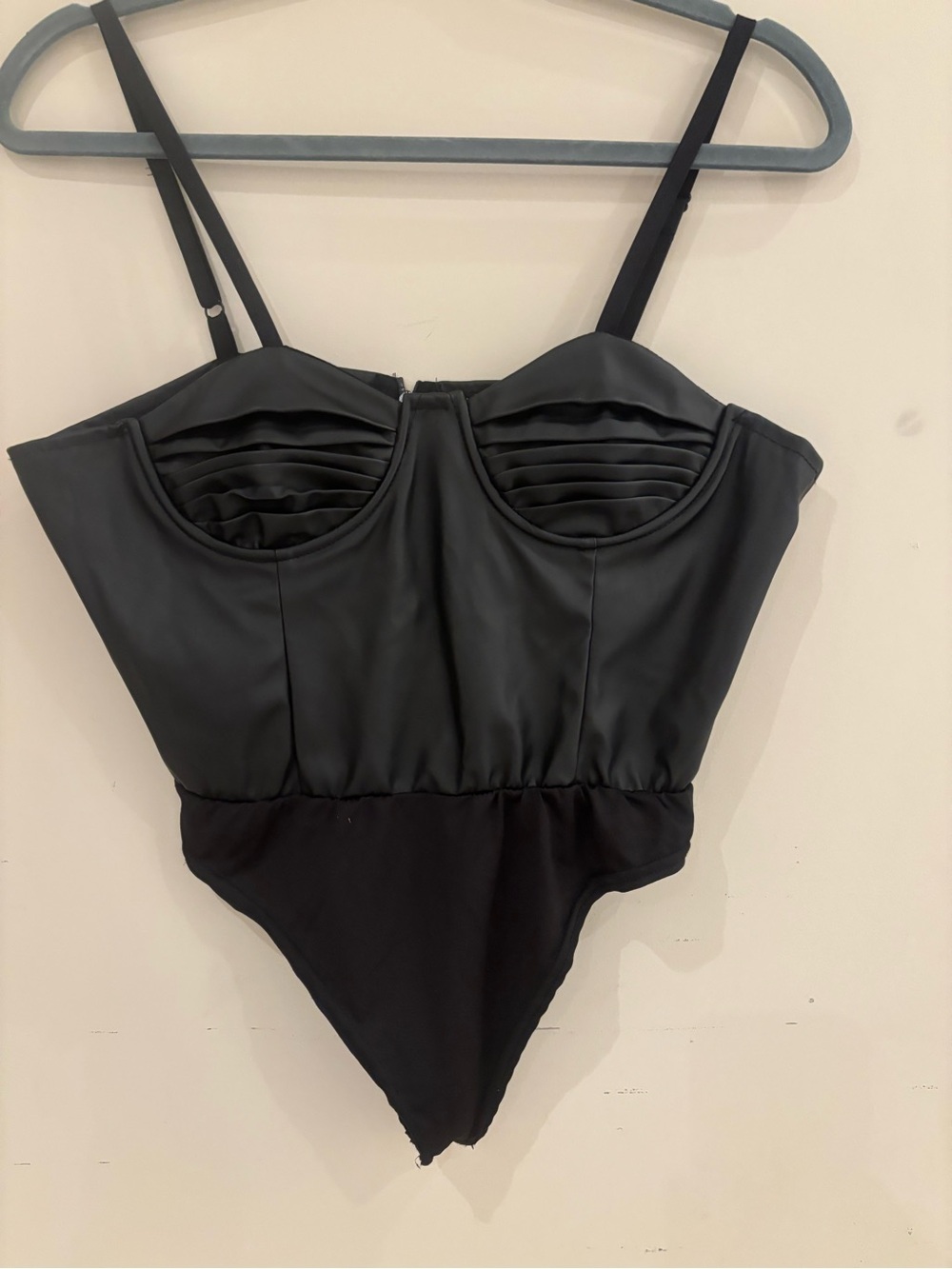 NWT Black faux leather bodysuit with Ruched Bust and Adjustable Straps